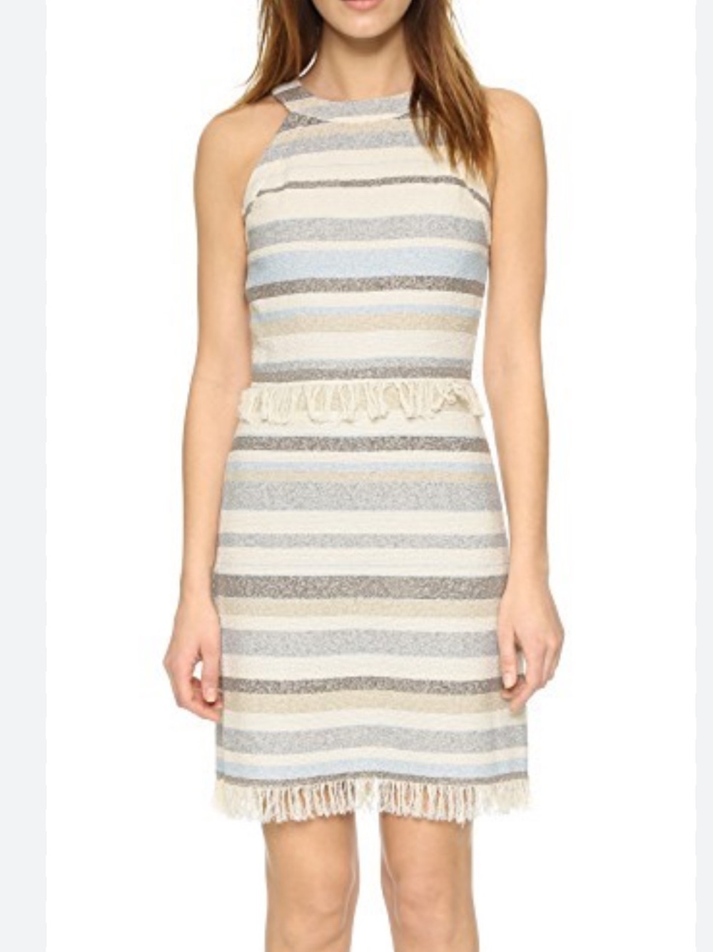 Tory Burch Sleeveless Tweed Dress Cream Grey Sky Blue Striped Fringe Trim Size 2